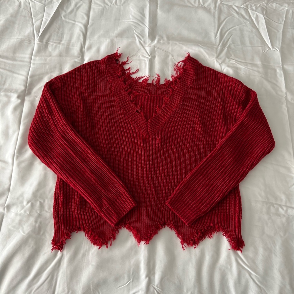 Red Drop Shoulder Raw Cut Edge Sweater